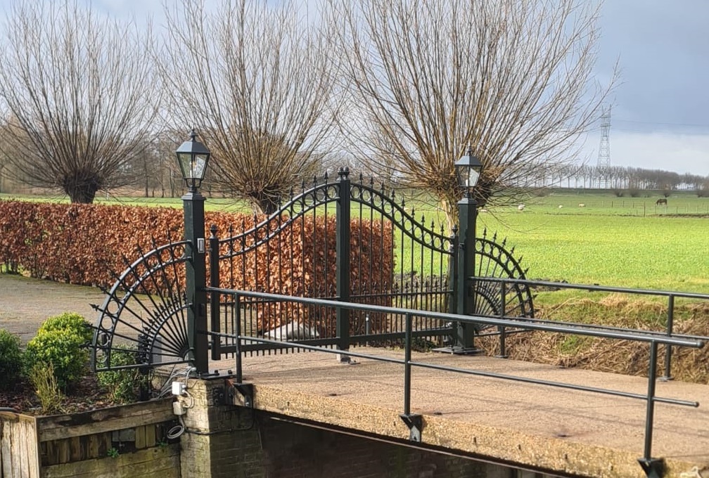 Sierlijke stalen inrij poort met verlichting en automatisering via telefoon app Boon Metaal